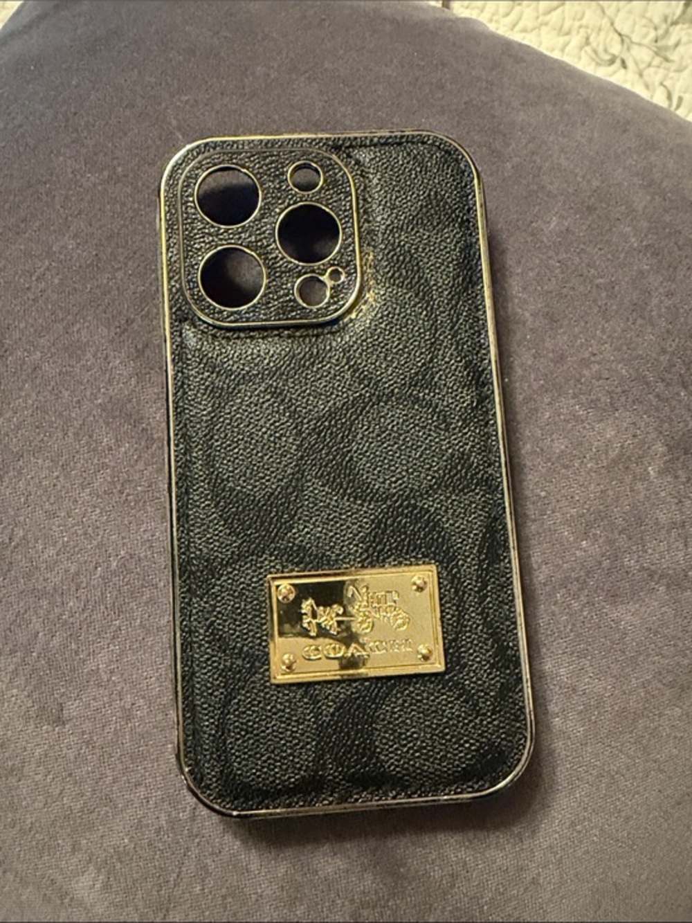 Coach Black Leather Pattern Phone Case with Gold Plaque
